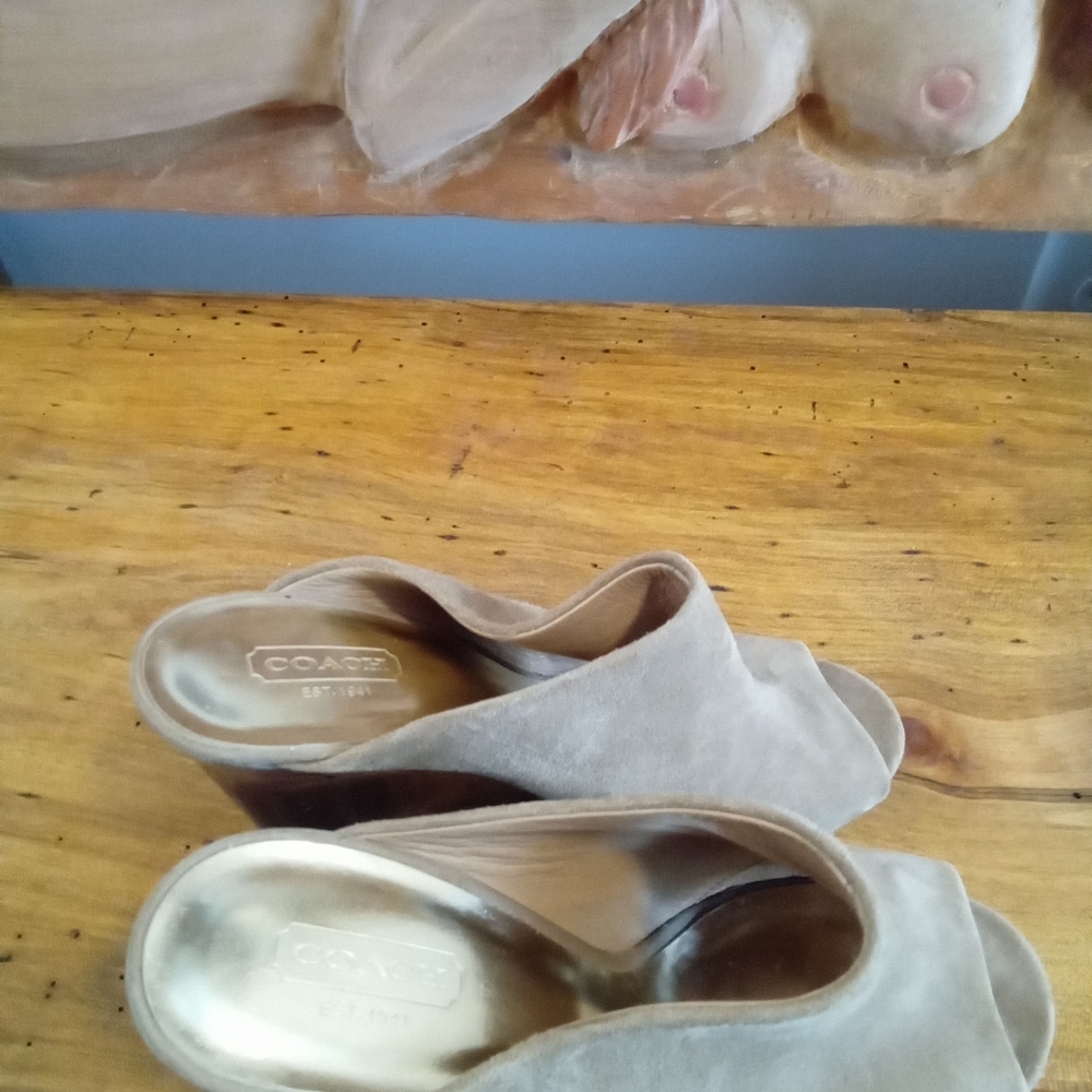 Coach Hollie Size 7.5 B Tan Suede 3.5" Wedge Heel platform Peep Toe - Picture 5 of 16